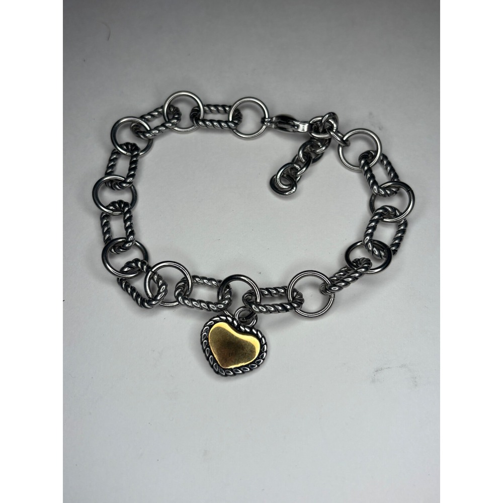 Two Tone Heart Charm Bracelet Silver Gold Tone Rope Link Chain Adjustable 7.75"